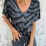 Top de mujer – Cuello en V – Mangas cortas – Estampado de cebra – Lazo delantero – Corte relajado