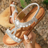 Sandalias de mujer – Suela plana – Tira elástica – Cuentas y cristales boho chic