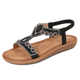 Sandalias de mujer – Suela plana – Tira elástica – Cuentas y cristales boho chic
