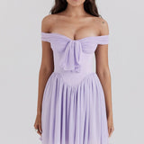 Vestido corto de mujer – Hombros descubiertos – Estilo patinador – Elegante lazo decorativo