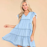Vestido vaquero para mujer – Corte en A – Mini – Mangas cortas con volantes – Cuello en V