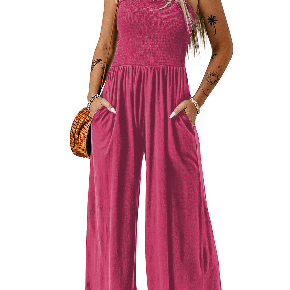 Mono de mujer – Hombros descubiertos – Top fruncido – Pernera ancha – Tejido de punto – Bolsillos