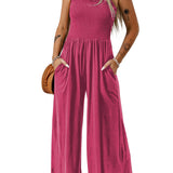 Mono de mujer – Hombros descubiertos – Top fruncido – Pernera ancha – Tejido de punto – Bolsillos