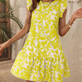 Kiera - Vestido de verano para mujer - Mangas con volantes - Estampado de hojas - Bajo con volantes - Estilo playero