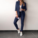 Conjunto de 2 piezas para mujer: Blazer ajustado, tejido elástico, mangas tres cuartos y corte estructurado.