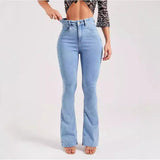 Vaqueros acampanados para mujer – Cintura alta – Corte ajustado al muslo – Denim elástico – Largo completo