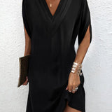 Vestido de mujer – Tejido transpirable – Corte fluido – Escote en pico fruncido – Mangas cortas