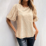 Camiseta de lentejuelas para mujer – Corte holgado – Mangas acampanadas – Cuello redondo elegante