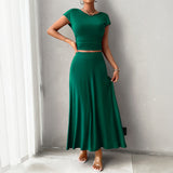 Conjunto de vestido para mujer: Top corto ajustado y fruncido, falda larga fluida y sin costuras.