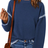 Suéter de mujer – Corte relajado – Punto trenzado – Cuello redondo – Mangas largas a rayas