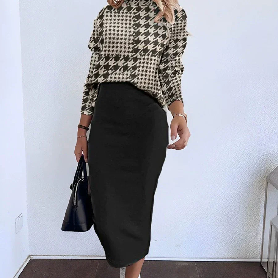 Conjunto de dos piezas para mujer: punto elástico, top de manga larga y falda midi ajustada.