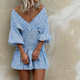 Vestido mini para mujer – Mezcla de algodón – Cuello en V – Mangas abullonadas – Cintura elástica – Estampado de cuadros vichy