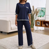 Conjunto de estar por casa para mujer – Punto suave – Corte holgado – Pantalones anchos – Ribetes en contraste