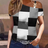 Camiseta de manga corta para mujer – Corte holgado – Hombros descubiertos – Estampado geométrico – Algodón