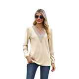 Camiseta de manga larga para mujer – Corte holgado – Cuello en V de encaje – Tejido suave y transpirable