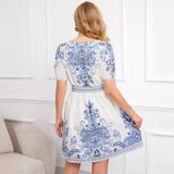 Minivestido para mujer – Algodón ligero – Corte holgado – Mangas cortas – Cuello en V estampado