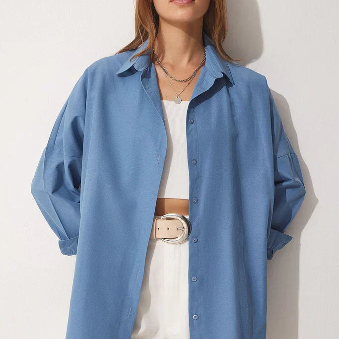 Blusa de mujer oversize – Algodón suave – Mangas largas – Abotonada – Cuello clásico