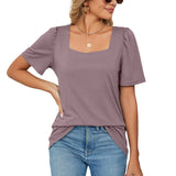 Camiseta de mujer – Elegante escote cuadrado – Mangas abullonadas – Tejido de punto suave, corte holgado