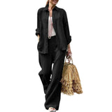 Conjunto de camisa y pantalón para mujer – algodón suave – pernera ancha – manga larga, cuello camisero