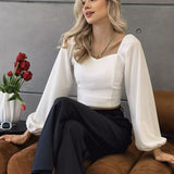Camiseta de manga larga para mujer – Corte entallado – Tejido elástico – Cuello cuadrado – Hombros abullonados