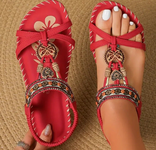 Sandalias planas para mujer – Estilo chancla – Detalle de cuentas bohemias – Suela acolchada