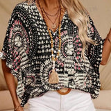 Top de cuello en V para mujer – Corte holgado – Mangas de murciélago – Tejido ligero estampado