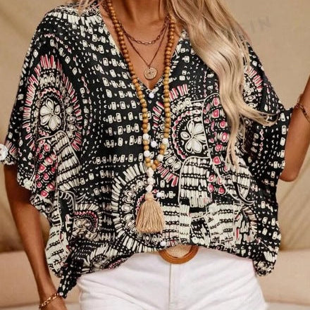 Top de cuello en V para mujer – Corte holgado – Mangas de murciélago – Tejido ligero estampado
