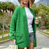 Cárdigan abierto para mujer – Punto acanalado grueso – Corte oversize – Bolsillos de parche
