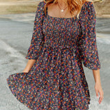 Vestido evasé para mujer – Algodón ligero – Mangas abullonadas – Cuello redondo – Estampado floral