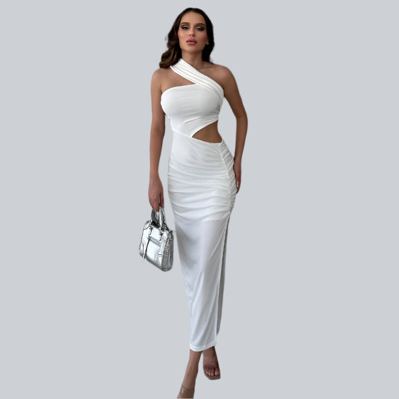 Elegante vestido largo asimétrico de un solo hombro con aberturas para mujer