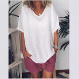 Camiseta de mujer – Corte relajado – Mezcla de algodón y lino – Cuello en V – Mangas cortas