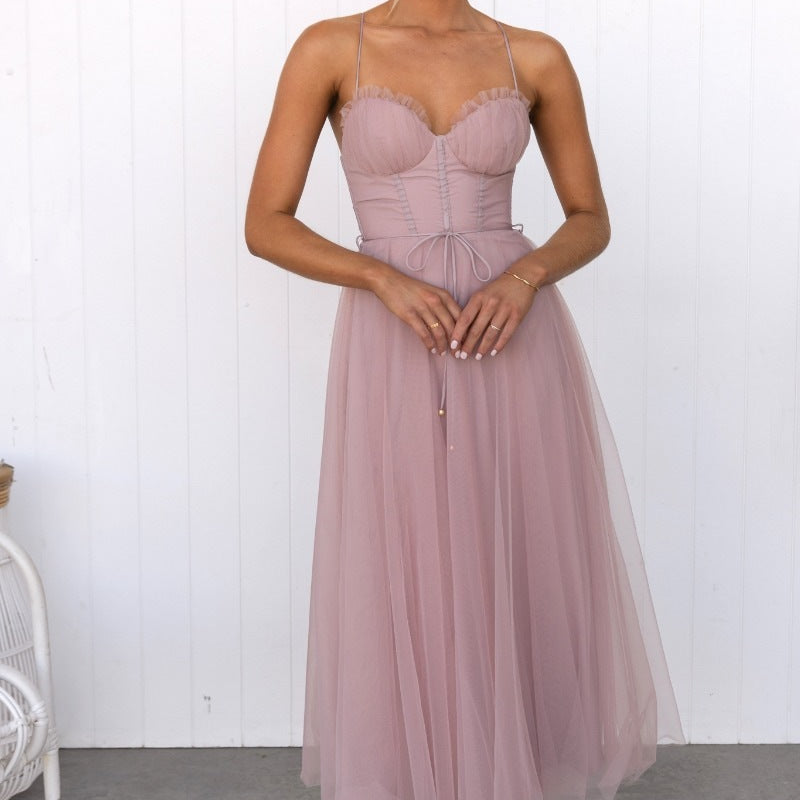 Vestido de noche para mujer – Corte en A – Tul ligero – Espalda abierta – Corpiño estructurado