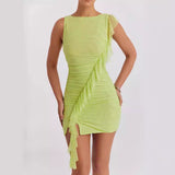 Vestido ajustado para mujer – Sin mangas – Espalda abierta – Volante asimétrico – Largo mini