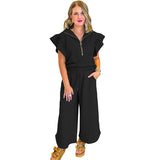 Conjunto informal para mujer: Top con cuello camisero y volantes con cremallera y pantalón ancho con cordón.