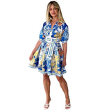 Vestido evasé para mujer – Mezcla de algodón – Mangas abullonadas – Cuello en V – Cintura con cinturón