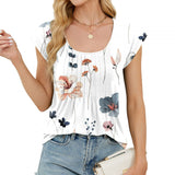 Top bohemio para mujer – Corte relajado – Textura de algodón – Cuello redondo – Mangas cortas