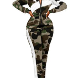 Conjunto de pantalón de dos piezas para mujer – Corte ajustado – Estampado animal – Cremallera frontal