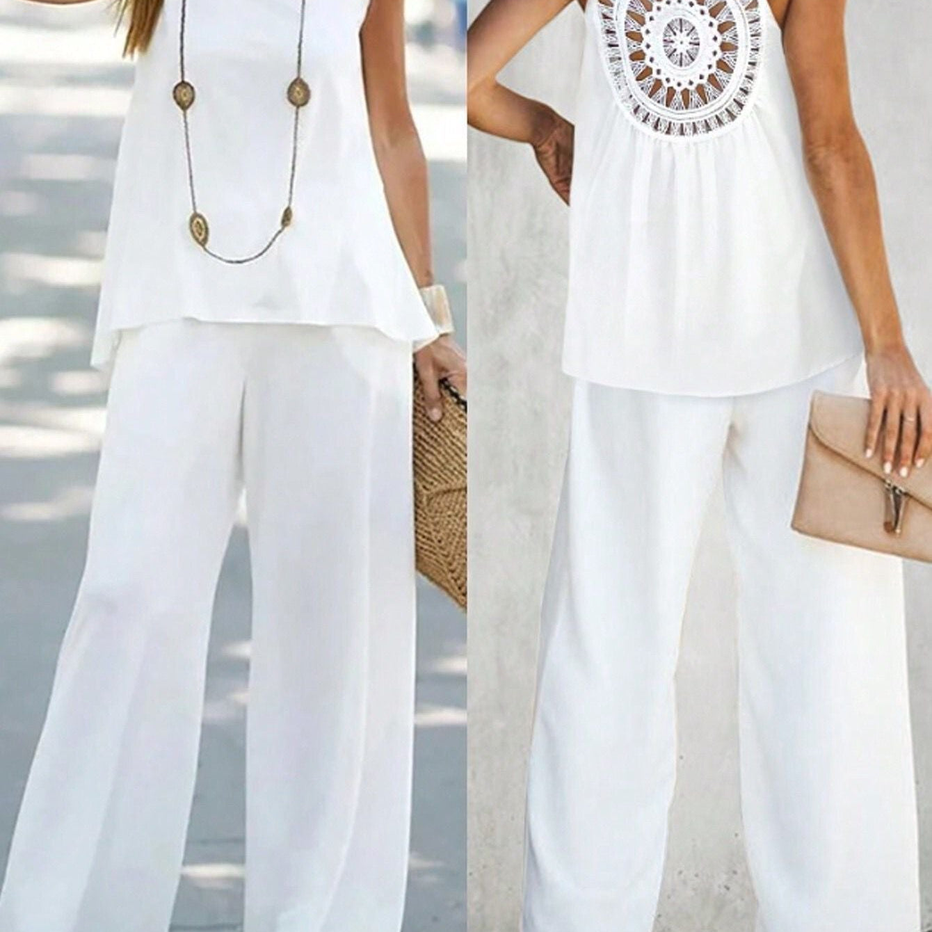 Conjunto de dos piezas para mujer: lino, top de crochet sin mangas y pantalón ancho de cintura alta.