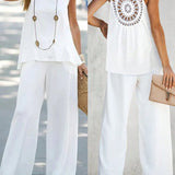 Conjunto de dos piezas para mujer: lino, top de crochet sin mangas y pantalón ancho de cintura alta.