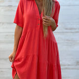 Vestido casual de mujer – Corte holgado – Mangas cortas – Cuello camisero – Fibras naturales