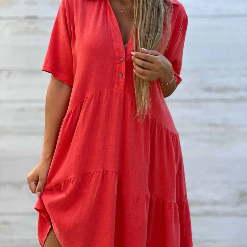 Vestido casual de mujer – Corte holgado – Mangas cortas – Cuello camisero – Fibras naturales