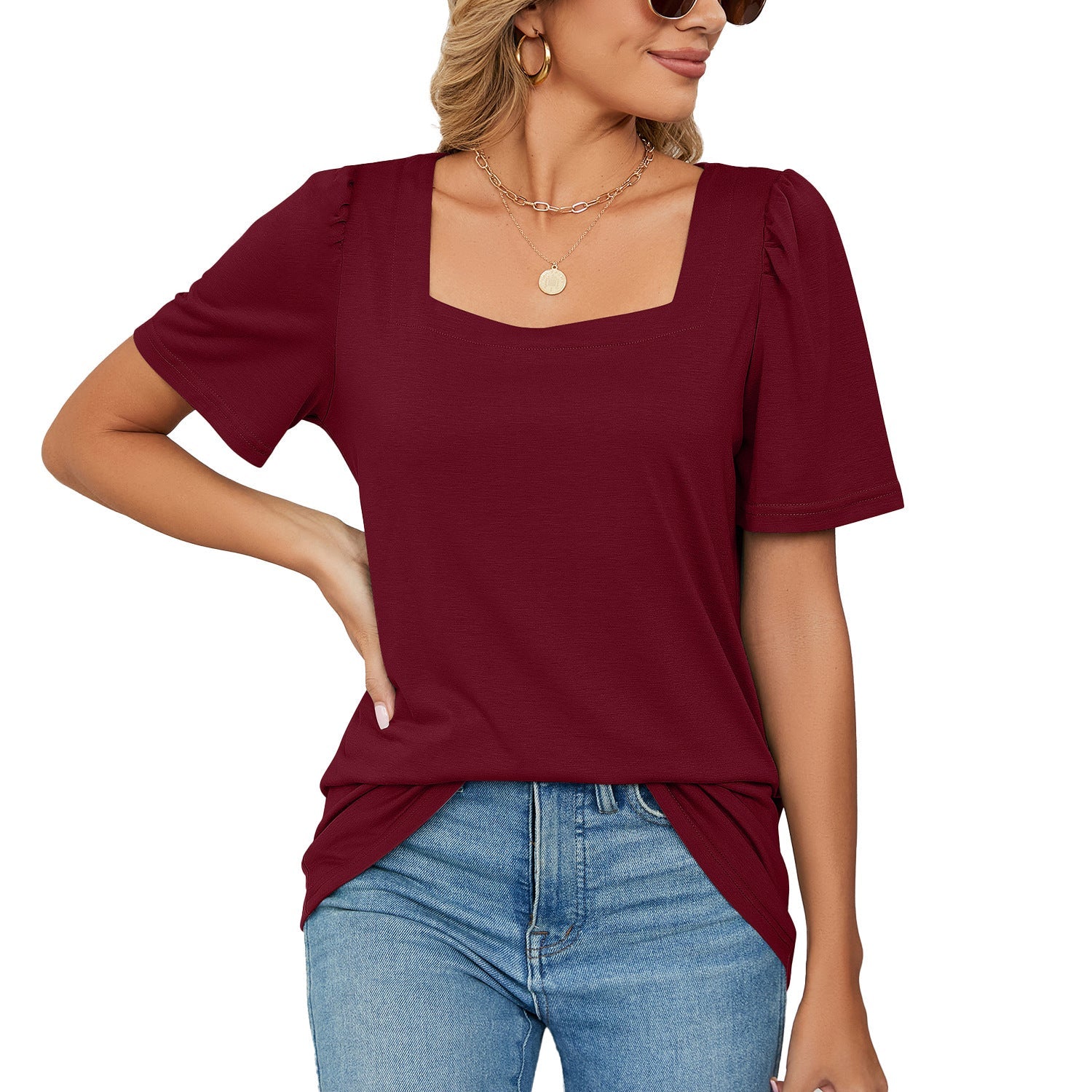 Camiseta de mujer – Elegante escote cuadrado – Mangas abullonadas – Tejido de punto suave, corte holgado