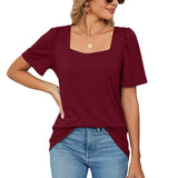 Camiseta de mujer – Elegante escote cuadrado – Mangas abullonadas – Tejido de punto suave, corte holgado