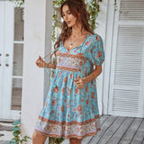 Vestido mini acampanado para mujer – Algodón ligero – Mangas abullonadas – Cuello en V – Estampado floral