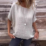 Camiseta de mujer – Corte holgado – Cuello redondo – Mangas cortas – Mezcla de lino transpirable