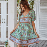 Vestido mini acampanado para mujer – Algodón ligero – Mangas abullonadas – Cuello en V – Estampado floral