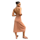 Vestido midi de mujer – Punto acanalado – Corte entallado – Cuello halter – Falda plisada