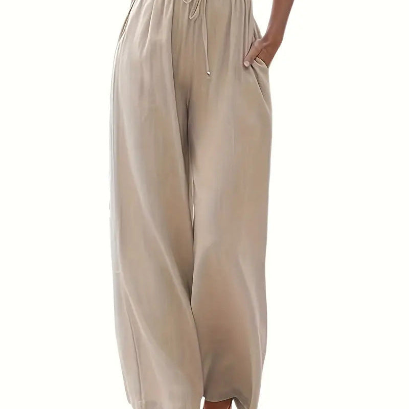 Pantalón ancho de mujer – Tejido transpirable – Corte holgado – Cintura con cordón – Bolsillos