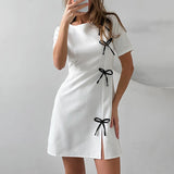 Vestido trapecio para mujer - Mangas cortas - Detalle de lazo - Abertura elegante