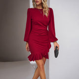 Minivestido de mujer – Corte ajustado – Mangas largas abullonadas – Cintura fruncida – Bajo asimétrico